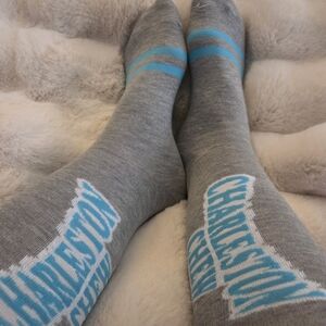 Worn Gray Crew Socks with Blue Accents - Men